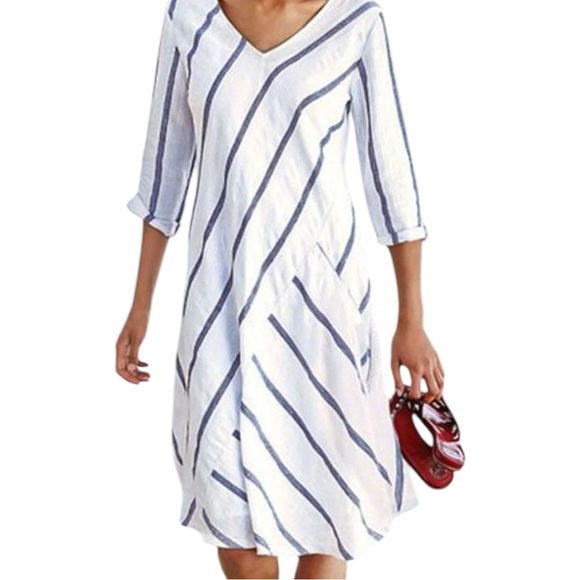 Soft Surroundings Striped Oversized Linen Blend Lagonlook Beach Vacation Dress - Picture 3 of 16